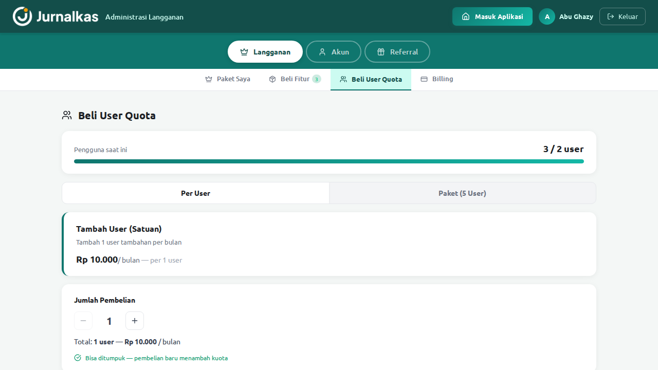 Tab Beli User Quota — tambah slot user