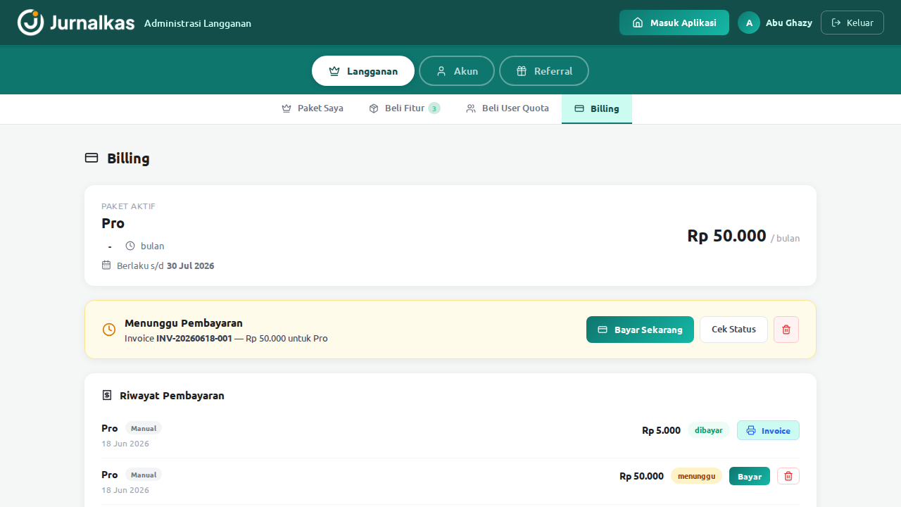 Tab Billing — riwayat pembayaran